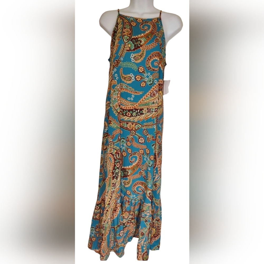 1 State Teal Blue Brown Paisley Ruffle Hem Halter Maxi Shift Dress S NWT